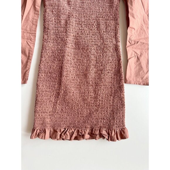 Aritzia WILFRED Maelys Brown Cotton Poplin Puff Sleeve Smocked Dress, Size XS - Picture 8 of 11